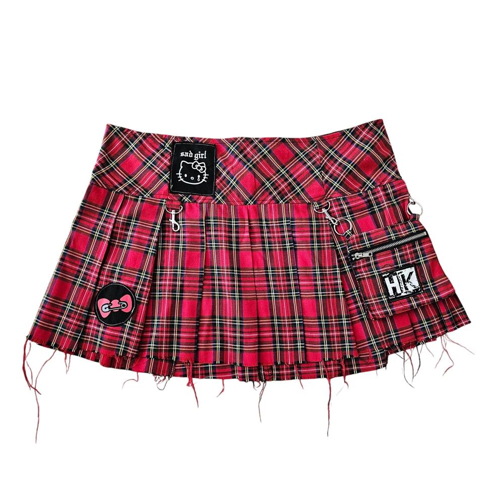 DOLLS KILL X HELLO KITTY Perfect Nightmare Plaid Raw Edge Pleated Skirt Sz 1X